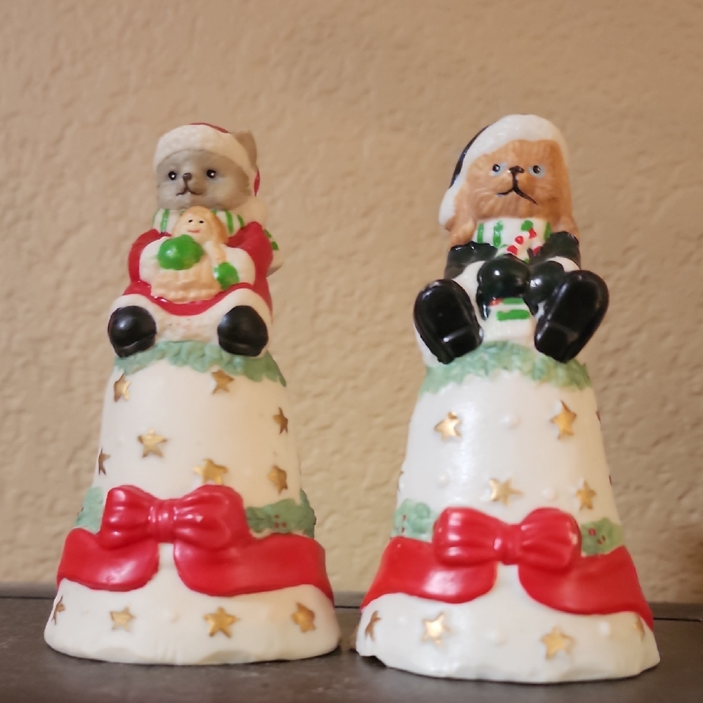 Vintage porcelain Christmas Cat bell and dog bell